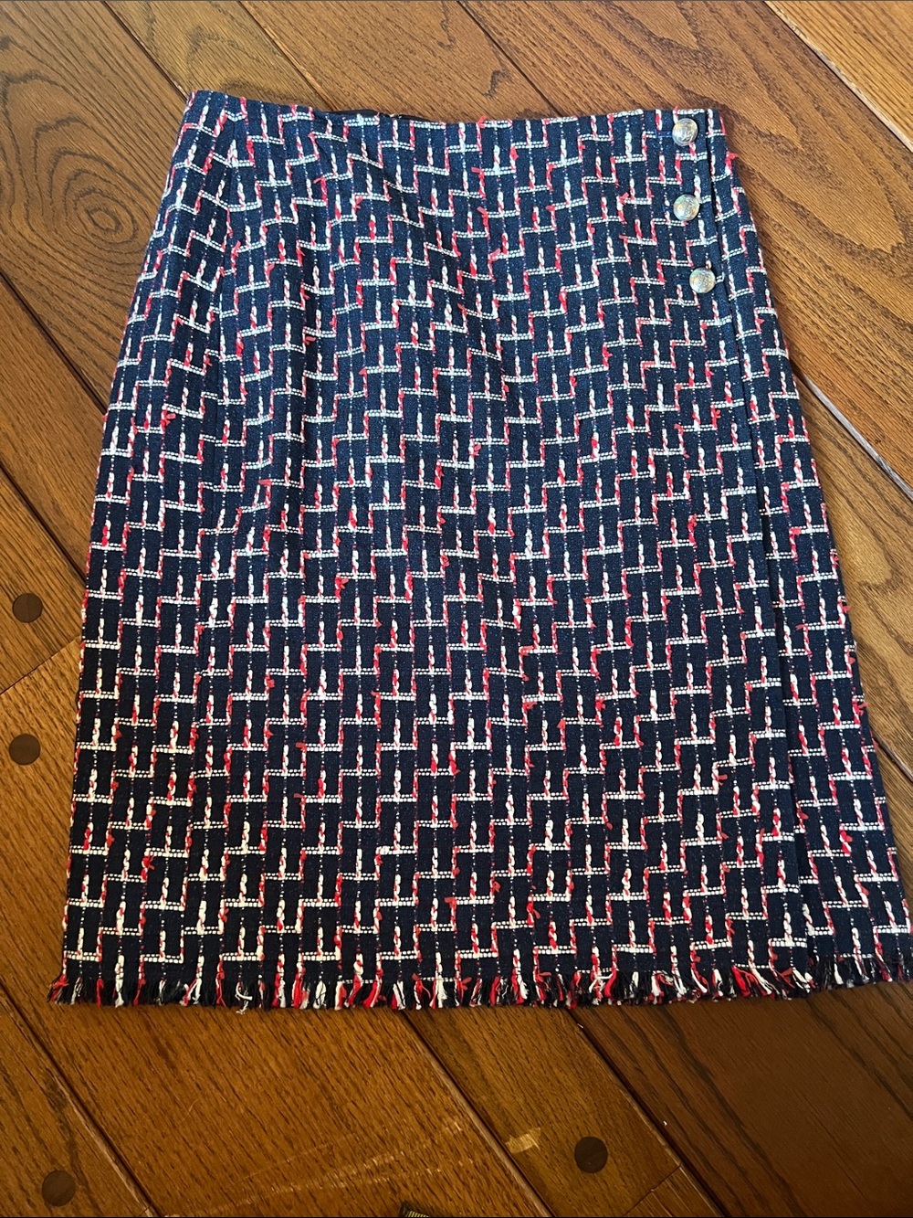 Talbots Navy Tweed Fringe Pencil Skirt with Button Detail